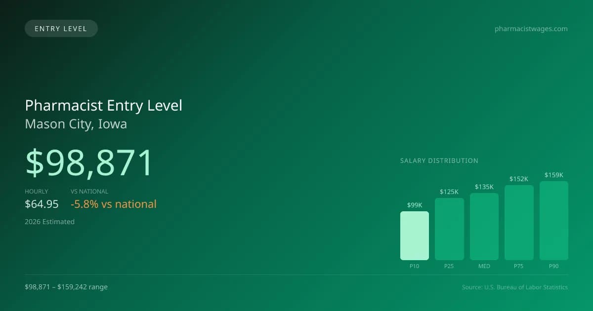 Pharmacist Entry Level Salary in Mason City, IA — 2026 est., based on 2025 BLS